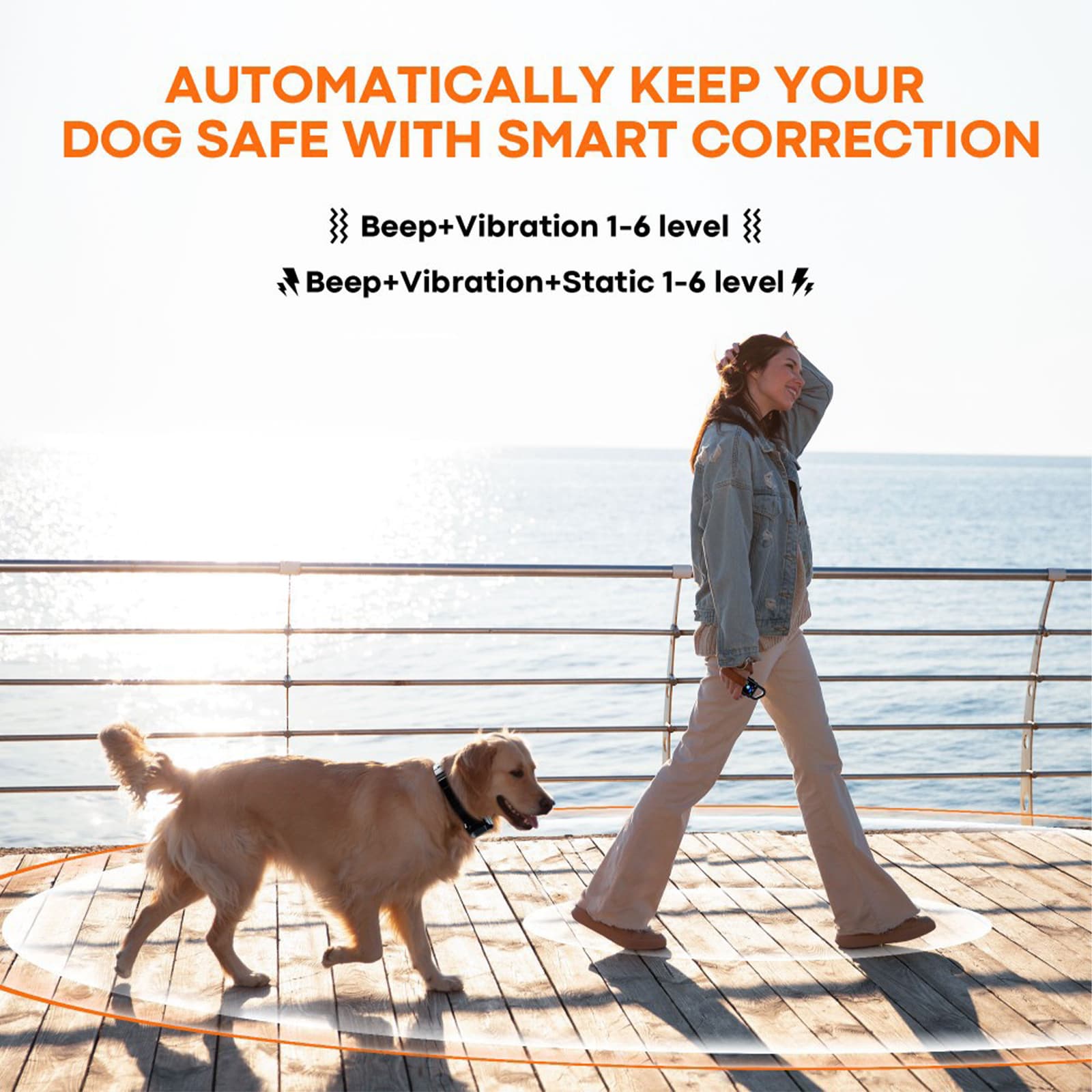 Dog walking with wireless fence collar using smart correction modes