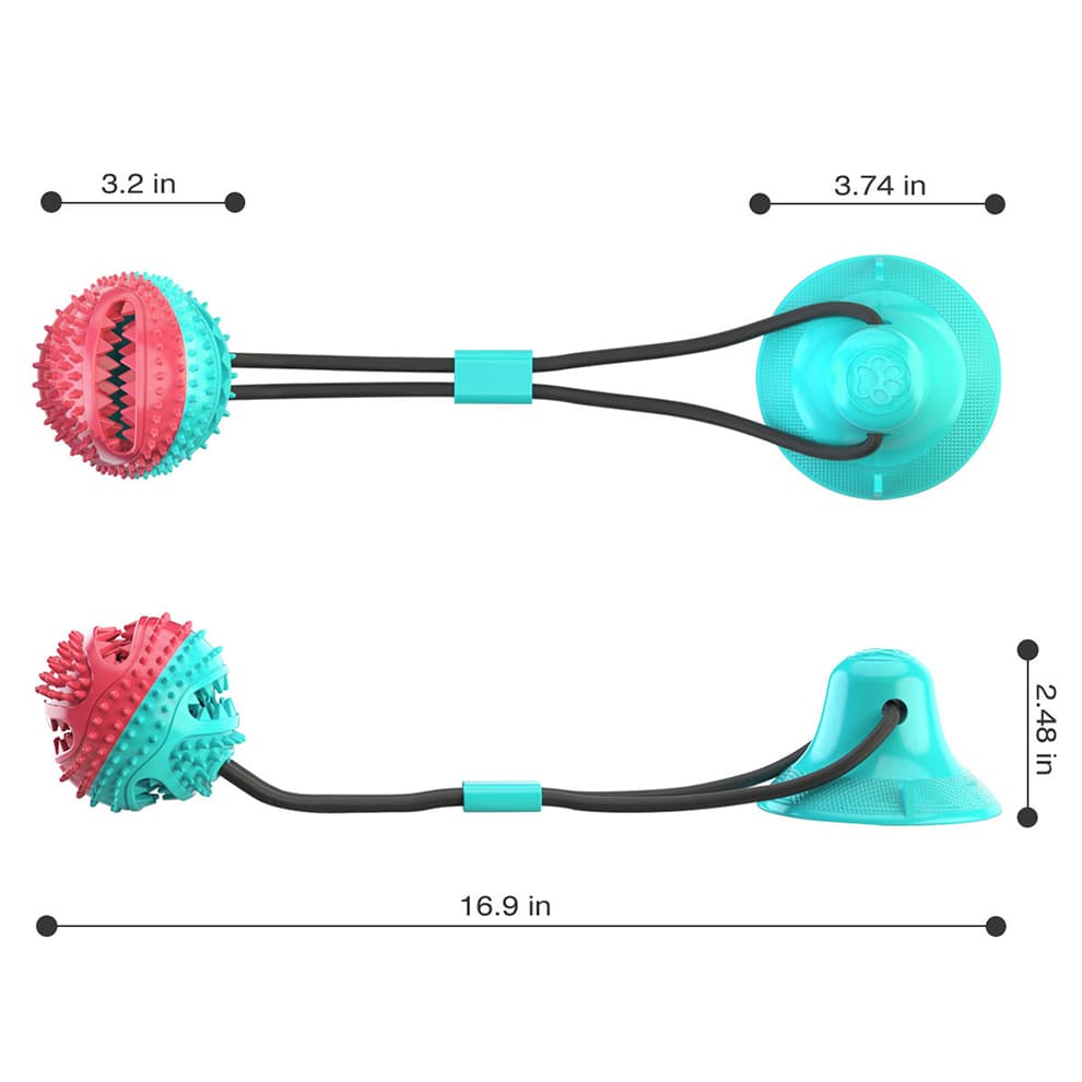 Suction cup dog toy with elastic ball and size dimensions