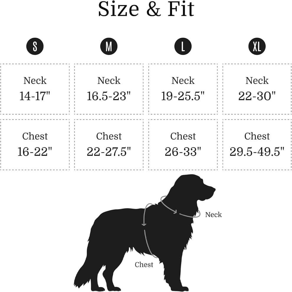 Size chart for adjustable dog harness for medium and large dogs