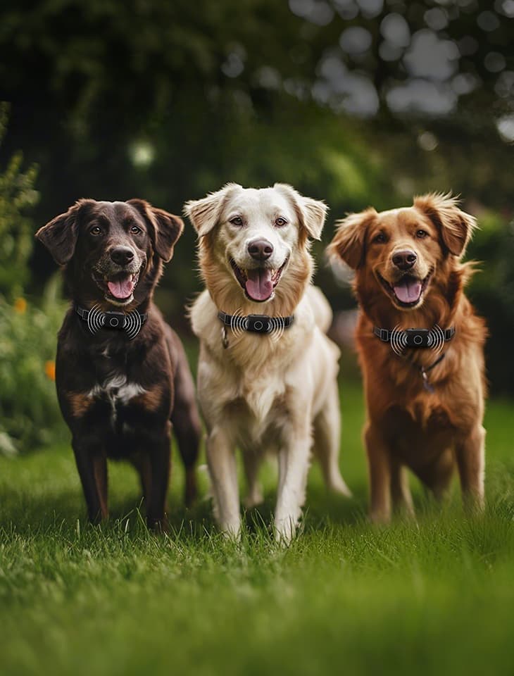 three-happy-dogs-running-on-grass-wearing-3-in-1-dog-training-collars-with-bark-control-training-and-status-display