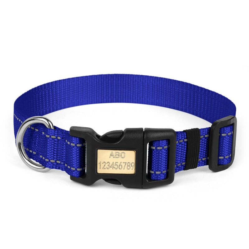Nylon dog collar in tibetan blue with laser engraved copper buckle and durable woven strap