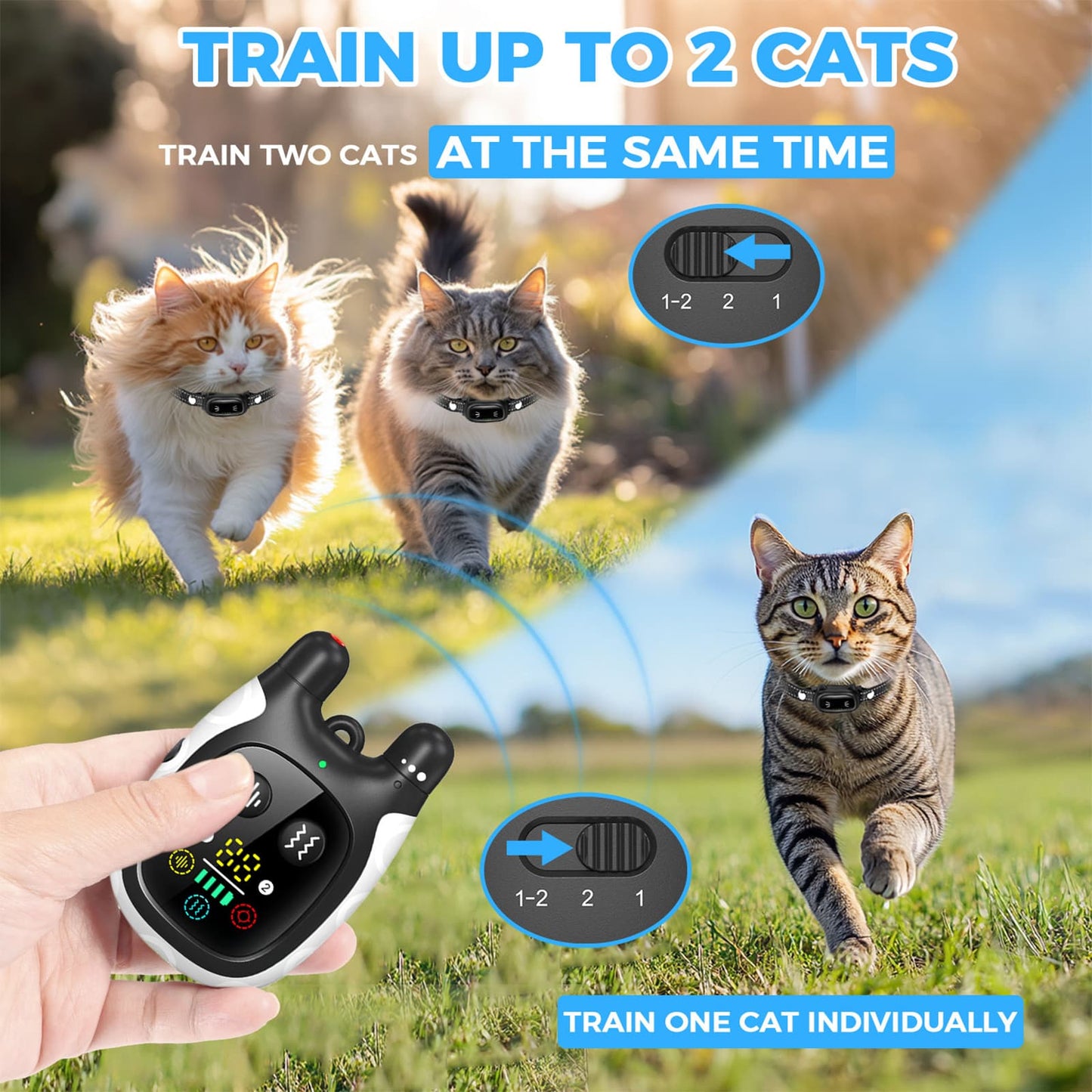 Training collars for cats support dual control system to train two cats at the same time