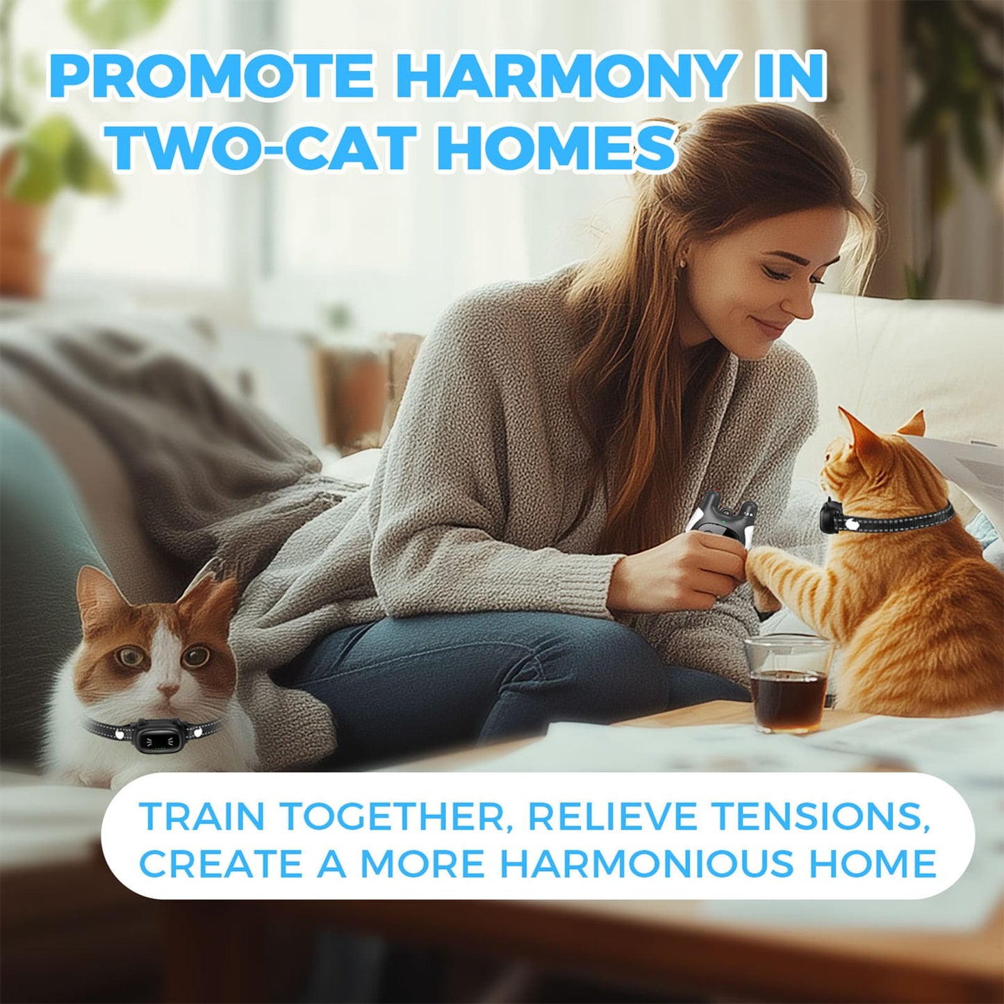 Training collars for cats promote harmony in two cat homes with safe dual training