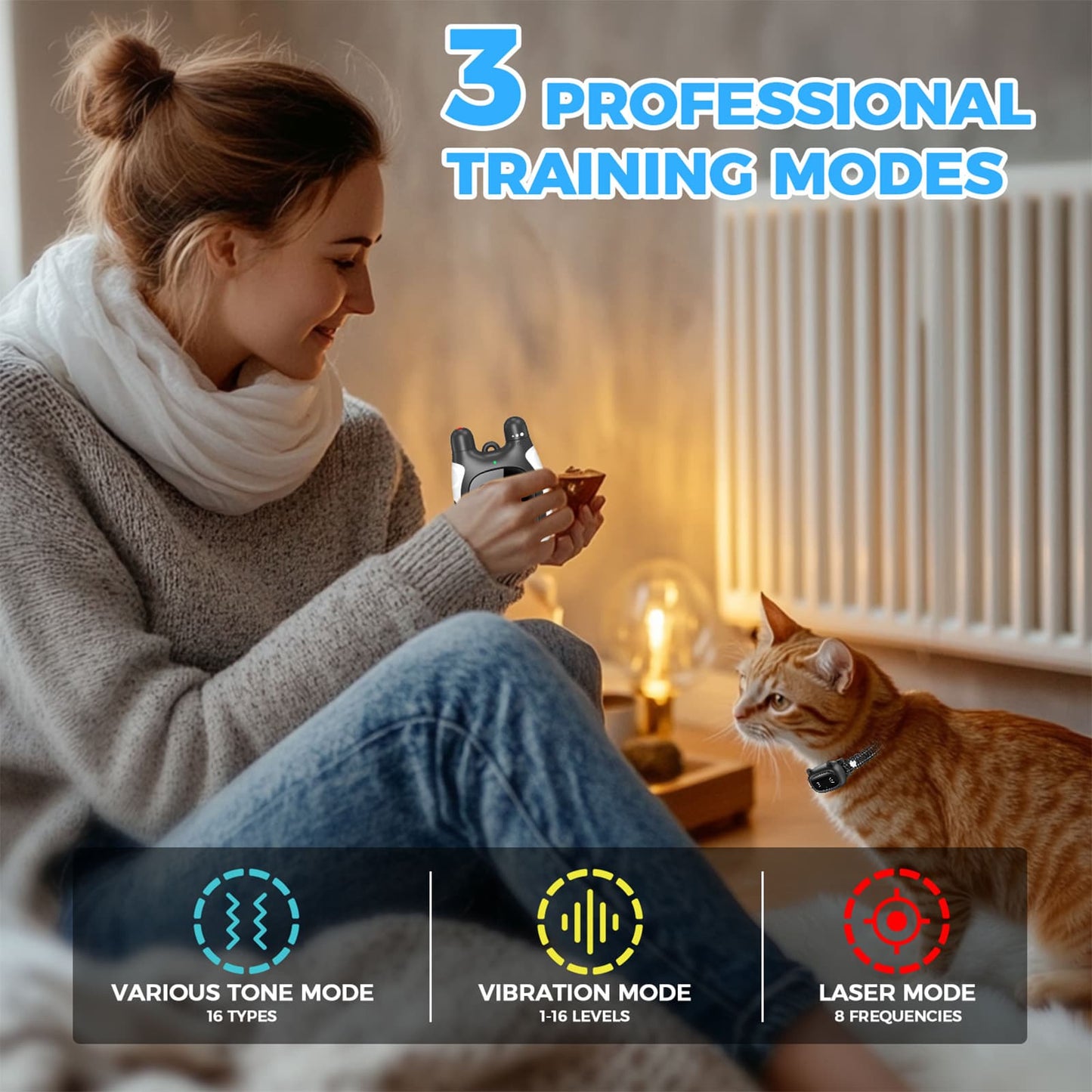 Training collars for cats with three training modes including tone vibration and laser