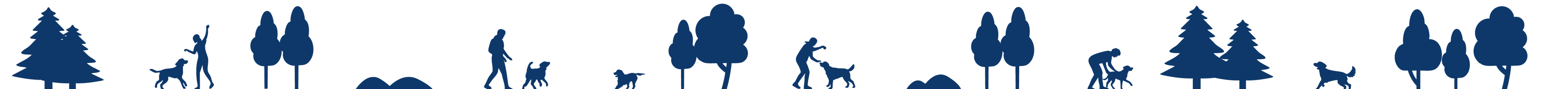 Website footer decoration with dog silhouettes, trees, and people walking in the forest