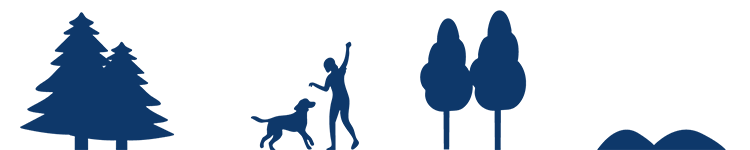 Mobile footer decoration showing dogs, trees, and people walking outdoors in the forest