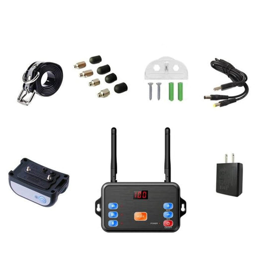 Complete wireless dog fence training collar kit with charger and accessories included