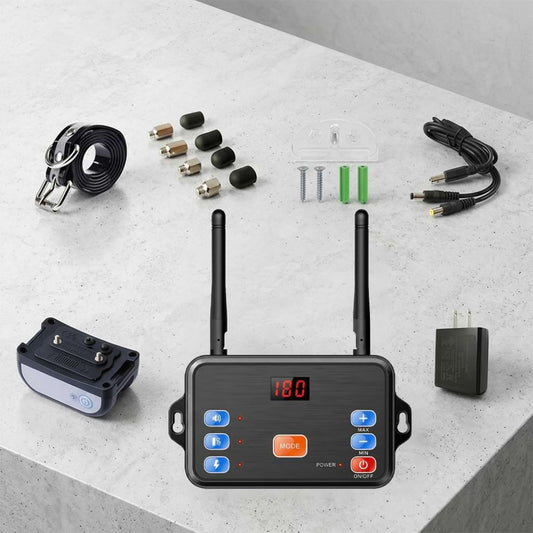 Complete kit for the wireless dog fence, including the main transmitter, adjustable collar, charging cables, and safe silicone contact points.