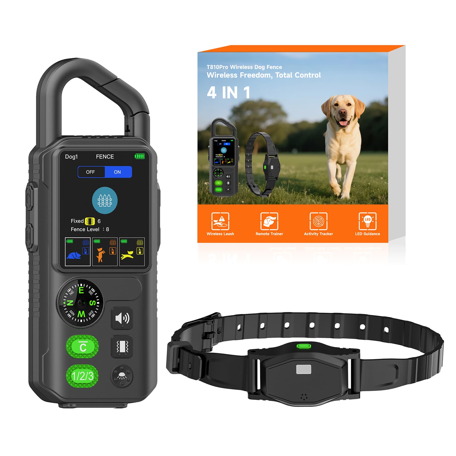 Wireless dog fence training collar retail package with remote and