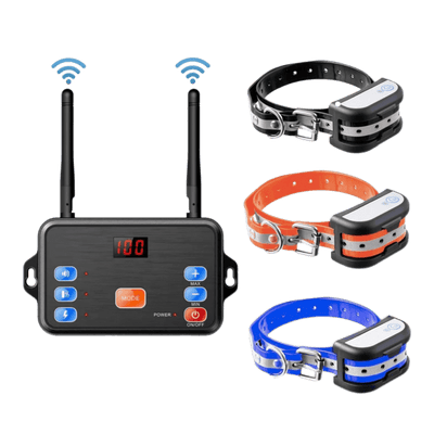 Wireless dog fence training collar system with main device and multiple collars for dogs