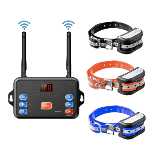 Wireless dog fence training collar system with main device and multiple collars for dogs