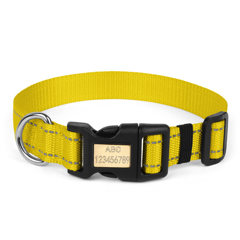 Nylon dog collar in bright yellow for high visibility with engraved buckle and metal D-ring