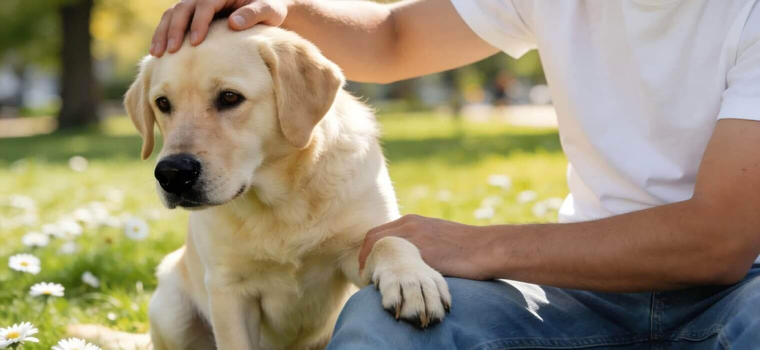 Stop the dog from barking using positive reinforcement, illustrated by an owner gently petting a calm Golden Retriever to reward quiet behavior.
