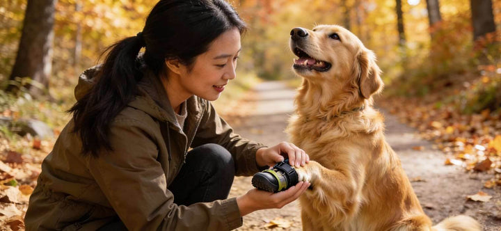 How to put dog boots on a Golden Retriever correctly to ensure a safe and comfortable hike in autumn.