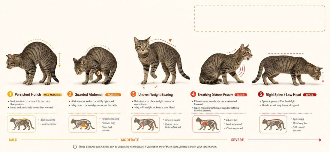 Cat bad posture examples showing hunching, abdominal guarding, uneven weight bearing, breathing distress and a rigid spine.
