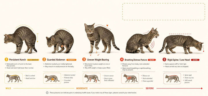 Cat bad posture examples showing hunching, abdominal guarding, uneven weight bearing, breathing distress and a rigid spine.