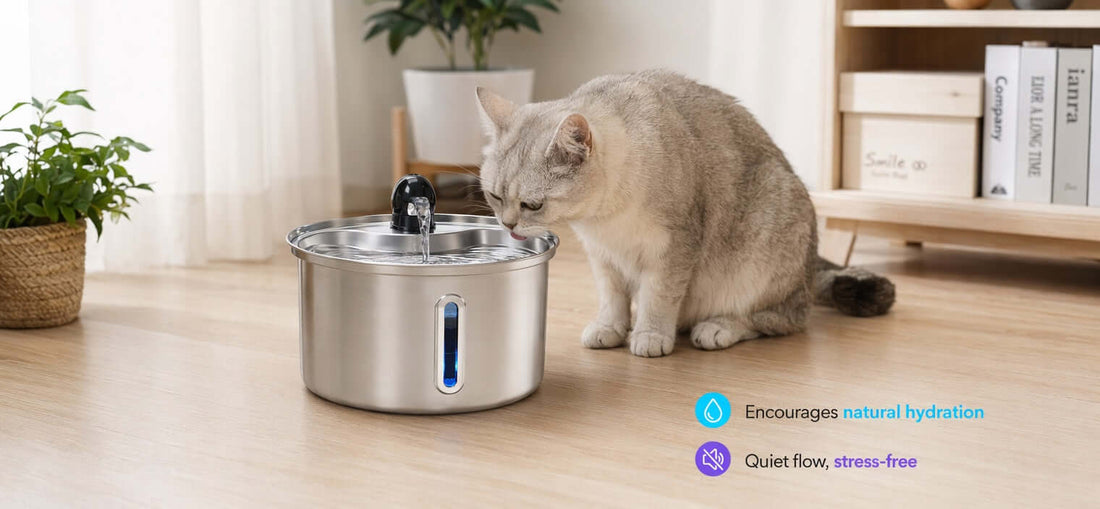 Cat drinking from a clean water fountain at home