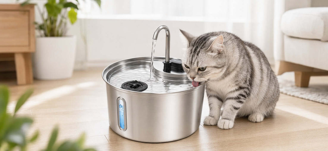 A clean stainless steel cat water fountain with a fresh filter, ensuring safe hydration for a cat