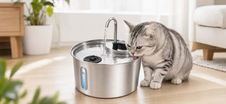 A clean stainless steel cat water fountain with a fresh filter, ensuring safe hydration for a cat