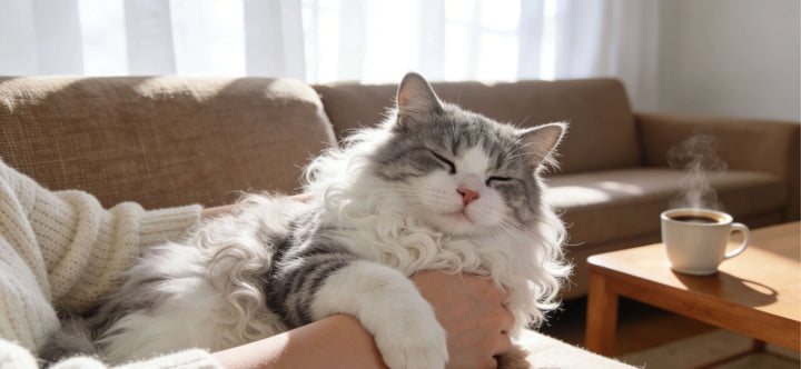 Why does my cat hug my arm: A fluffy grey and white cat gently wrapping its paws around its owner's arm with eyes closed in pure contentment.