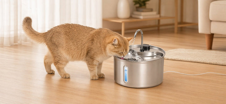 Cat drinking from a clean cat water fountain in a bright home setting