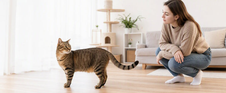 Cat wagging its tail while its owner observes its movement and body posture