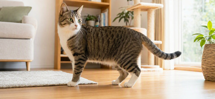  Cat swishing its tail while displaying clear ears, eyes, and body-language signals.
