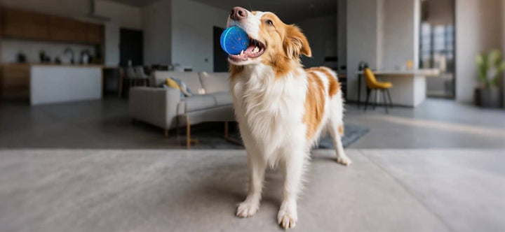 Teach Your Dog With a Treat Dispenser - playful dog indoors engaging with training toy, home training made fun and precise.