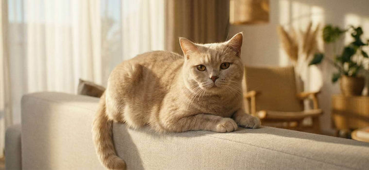 Male cat behavior after neutering typically shifts towards calmness, illustrated by a relaxed ginger cat resting peacefully on a sofa in the sunlight.