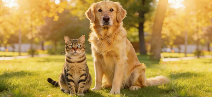 Why Spay or Neuter Your Pet? A healthy Golden Retriever and tabby cat sitting outdoors, representing the increased lifespan and wellness benefits of sterilization.