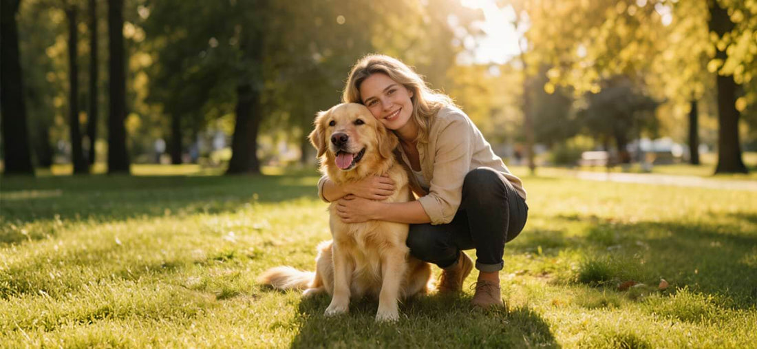 How To Be A Good Dog Owner starts with love: A happy woman hugging her Golden Retriever in a sunny park.