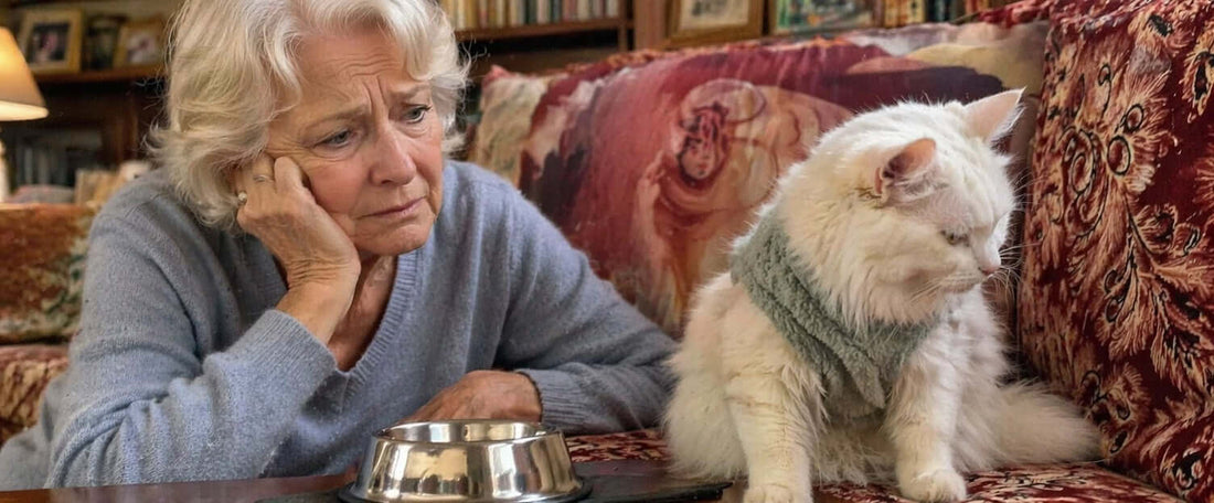 A concerned cat owner looking at their cat ignoring a water bowl, illustrating the clinical red flag of a cat not drinking water