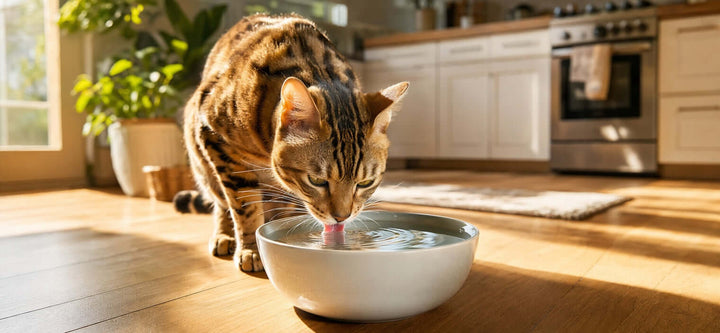 A healthy cat drinking fresh water from a ceramic bowl, exploring whether tap water is safe for cats and daily feline hydration needs.