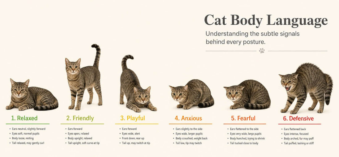 Cat body language chart showing relaxed, friendly, playful, anxious, fearful and defensive feline moods.