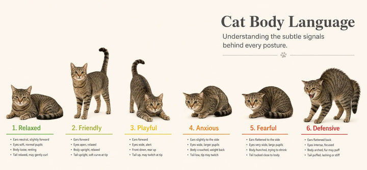 Cat body language chart showing relaxed, friendly, playful, anxious, fearful and defensive feline moods.