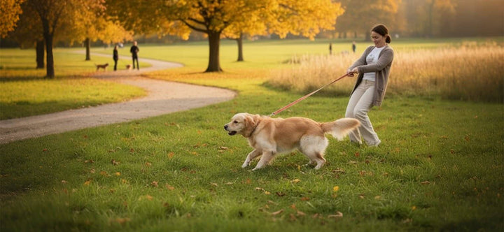 How to Prevent Dog from Pulling on Leash: Woman struggling to hold back an excited Golden Retriever in an autumn park, illustrating the need for training.