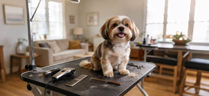 Shih Tzu grooming at home guide featuring a happy dog on a grooming table with essential tools like high-torque clippers and combs.