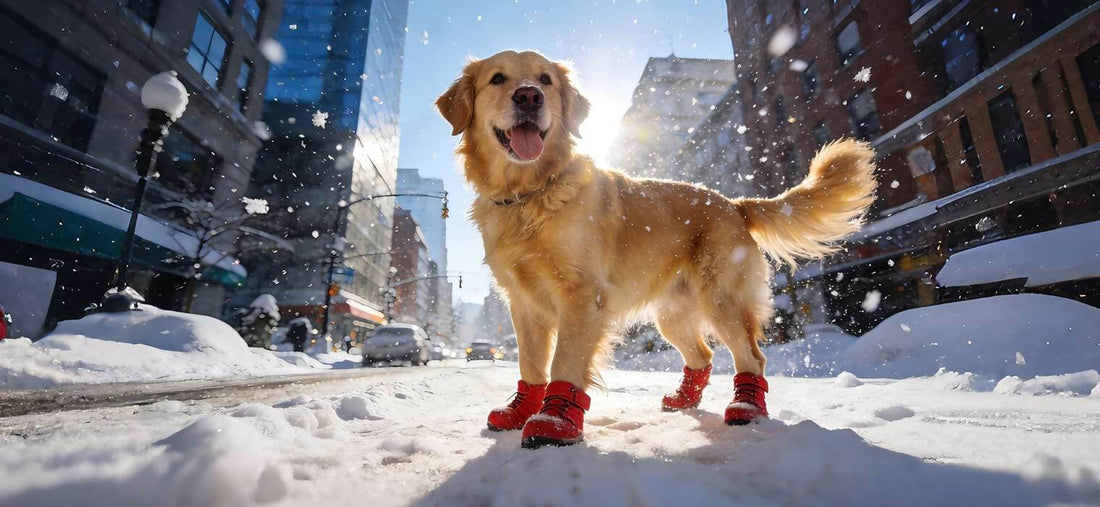 Do dogs need snow boots? Yes, a Golden Retriever wearing red protective winter boots stands confidently on a snowy city street, safe from road salt and freezing pavement.