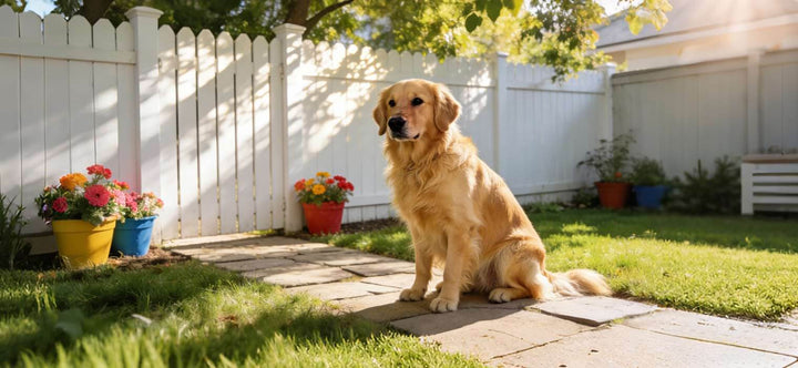 Dog keeps escaping yard solution: A calm Golden Retriever sitting safely in a secure garden with a white picket fence.