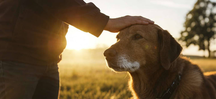 When is a dog considered a senior? A close-up of an owner gently petting a brown dog at sunset, symbolizing the bond during a pet's golden years.