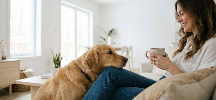 Best Dogs for First Time Owners example showing a calm Golden Retriever resting on a woman's lap while she enjoys coffee, illustrating a low-stress lifestyle fit.