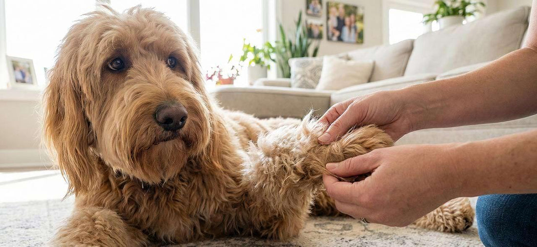 How to remove matted dog hair safely without shaving: A Goldendoodle owner gently inspecting their dog's coat for tangles before grooming.