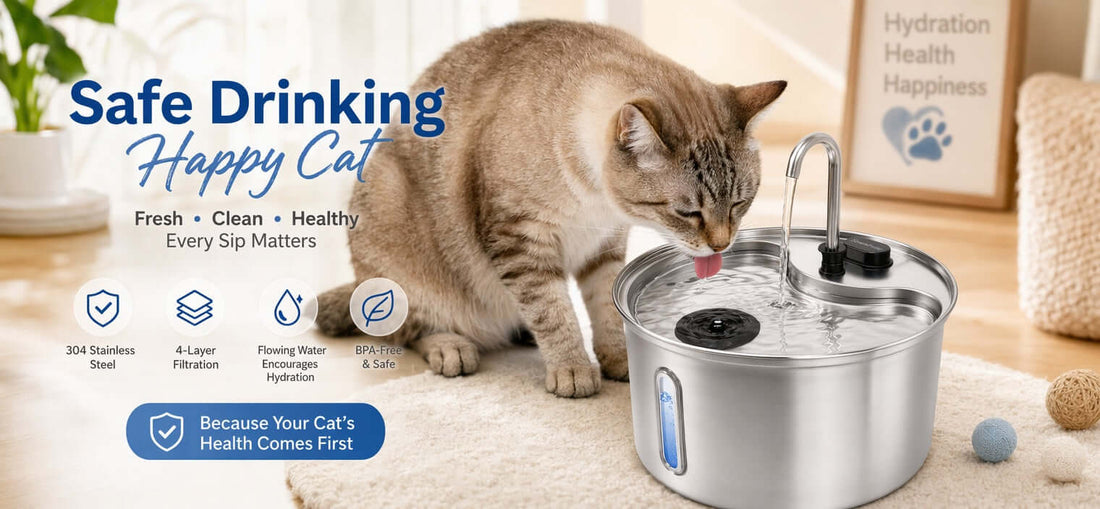 A healthy cat drinking safely from a clean stainless steel cat water fountain.