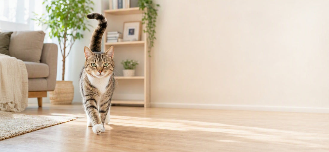 Relaxed cat approaching with its tail straight up and ears facing forward.