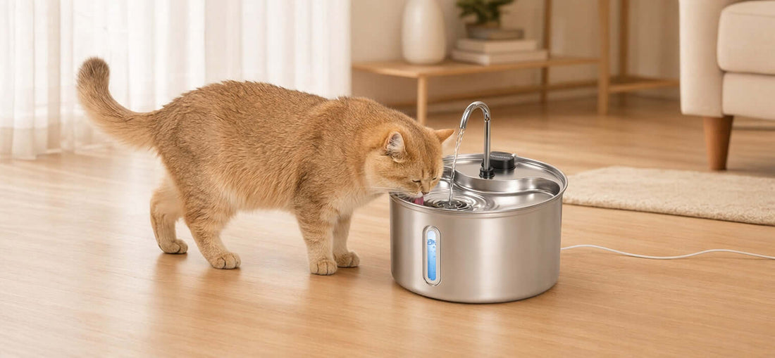 Cat drinking from a clean cat water fountain in a bright home setting