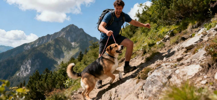 Healthy Dog Weight - hiking with a leashed dog on a mountain trail; safe, low-impact exercise and bonding outdoors.