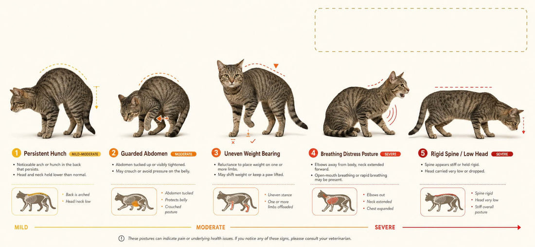 Cat bad posture examples showing hunching, abdominal guarding, uneven weight bearing, breathing distress and a rigid spine.