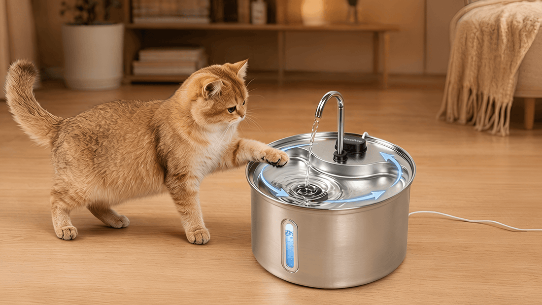 A cat is pawing at a stainless steel cat water fountain.