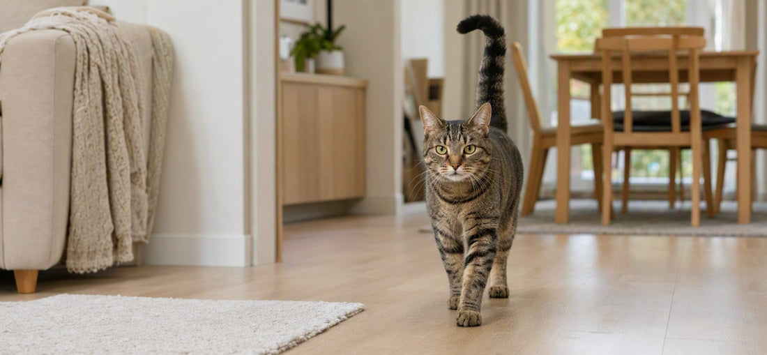Relaxed tabby cat holding its tail upright to demonstrate voluntary feline tail control