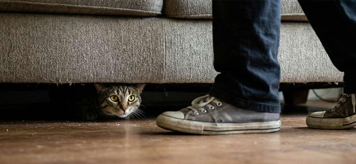     Why Does My Cat Attack My Legs? A stealthy tabby cat hiding under a beige sofa, preparing to ambush its owner's ankles as they walk by, illustrating natural predatory instinct.